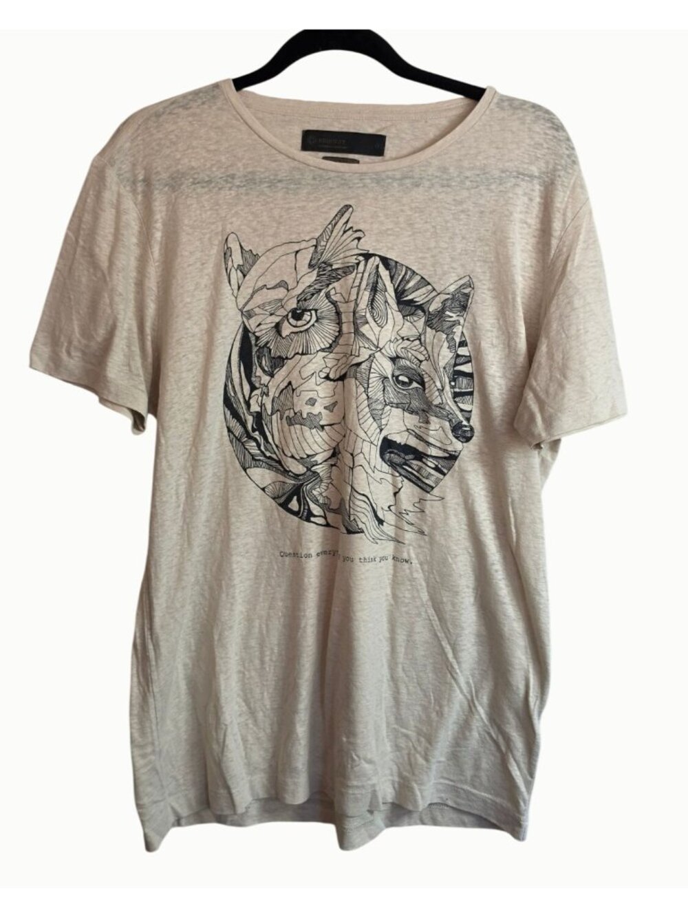 Request Owl Fox Graphic T-Shirt Size G Large Peruvian Cotton Question Everything